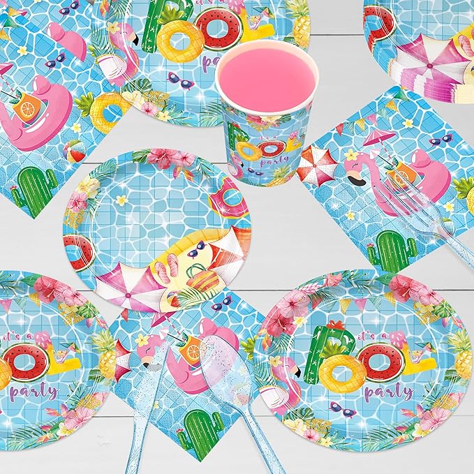 168pcs Pool Party Supplies Pool Party Plates Napkins Dispoasble Tableware Set Summer Decorations for Kids Birthday Hawaii Summer Holiday Serve 24 Guests