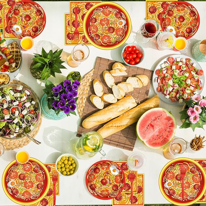 gisgfim 96 Pcs Spaghetti Plates and Napkins Pasta Party Supplies Tomato Meatball Birthday Party Paper Tableware Set Pasta Theme Decorations Favors for Family Gathering Dining for 24 Guests