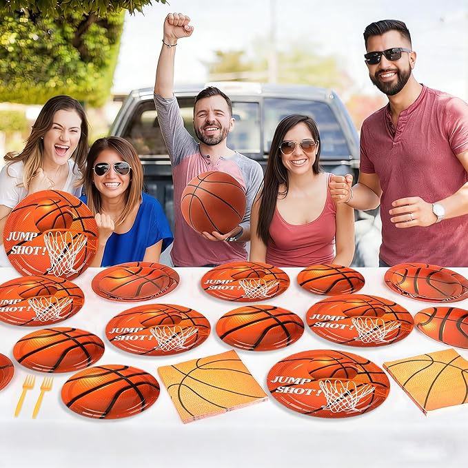 100PCS Basketball Paper Plates and Napkins Basketball Birthday Party Supplies Disposable Party Plates Napkins Forks Tableware Set for Boys Kids Birthday Party Decorations Serves 25
