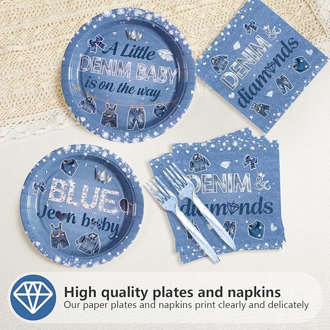 96Pcs Blue Jean Baby Shower Decorations Denim and Diamonds Birthday Plates and Napkins Tableware Sets A Little Denim Baby is on the Way Decorations for Kids Boys Blue Jeans Birthday Supplies Serves 24