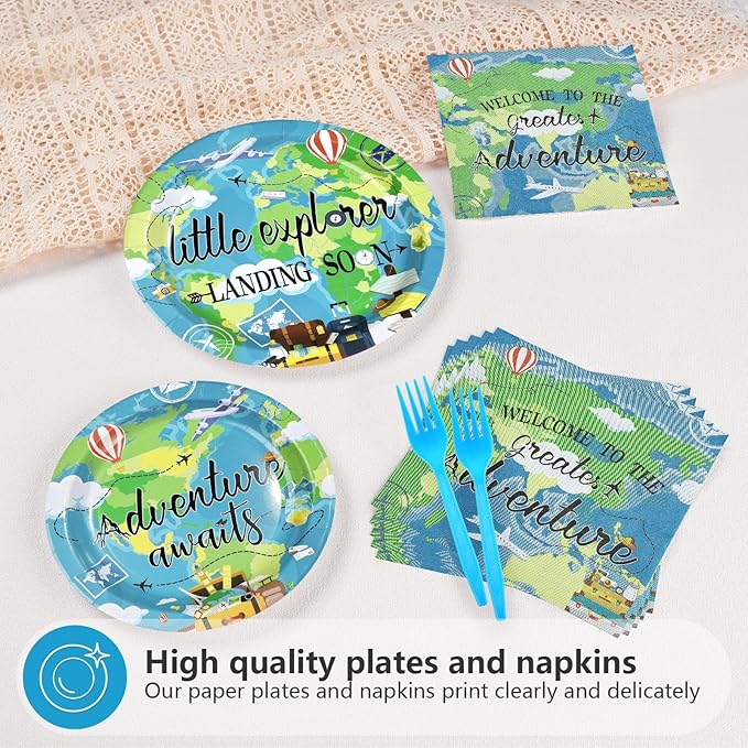 96Pcs Earth Day Baby Shower Party Supplies Adventure Travel Around The World Plates and Napkins World Map Explorer Disposable Tableware Sets for Kids Birthday Baby Shower Party Decorations Serves 24