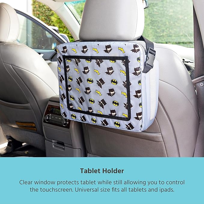 J.L. Childress Warner Bros. 3-IN-1 Kids Travel Tray & Tablet Holder - Car Seat Lap Tray Desk for Toddlers, Road Trip Essentials, Car Seat Activity Table, Travel Accessories - Batman