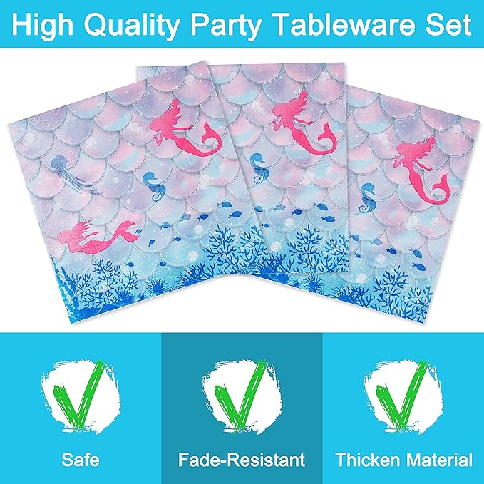 96 Pcs Mermaid Birthday Party Plates Napkins Forks Supplies Tableware Set Disposable Table Mermaid Theme Decoration for Girl Birthday Party or Baby Shower, Serves 24 Guests