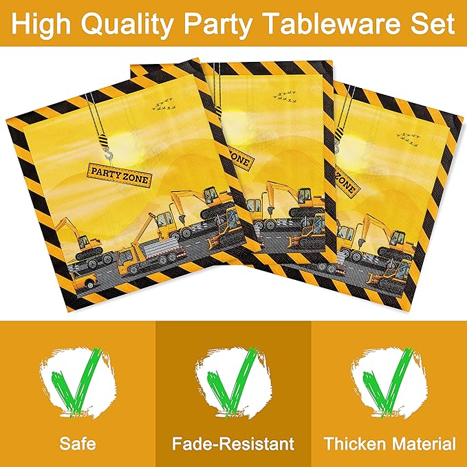 96 Pcs Construction Birthday Party Plates Napkins Forks Supplies Tableware Set Disposable Table Dump Truck Theme Decoration for Boys/Kids Birthday Party, Serves 24 Guests